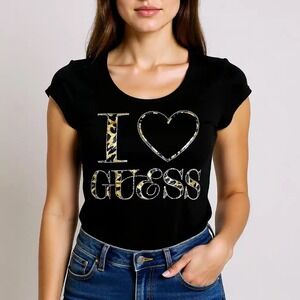 Guess Womens Black I Heart Guess Leopard Rhinestone Graphic T-Shirt Size Med NWT